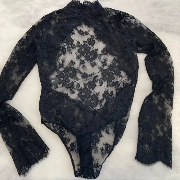 ZARA Floral Eyelash Black Lace Open Back Mock Neck Bodysuit - Picture 7 of 15